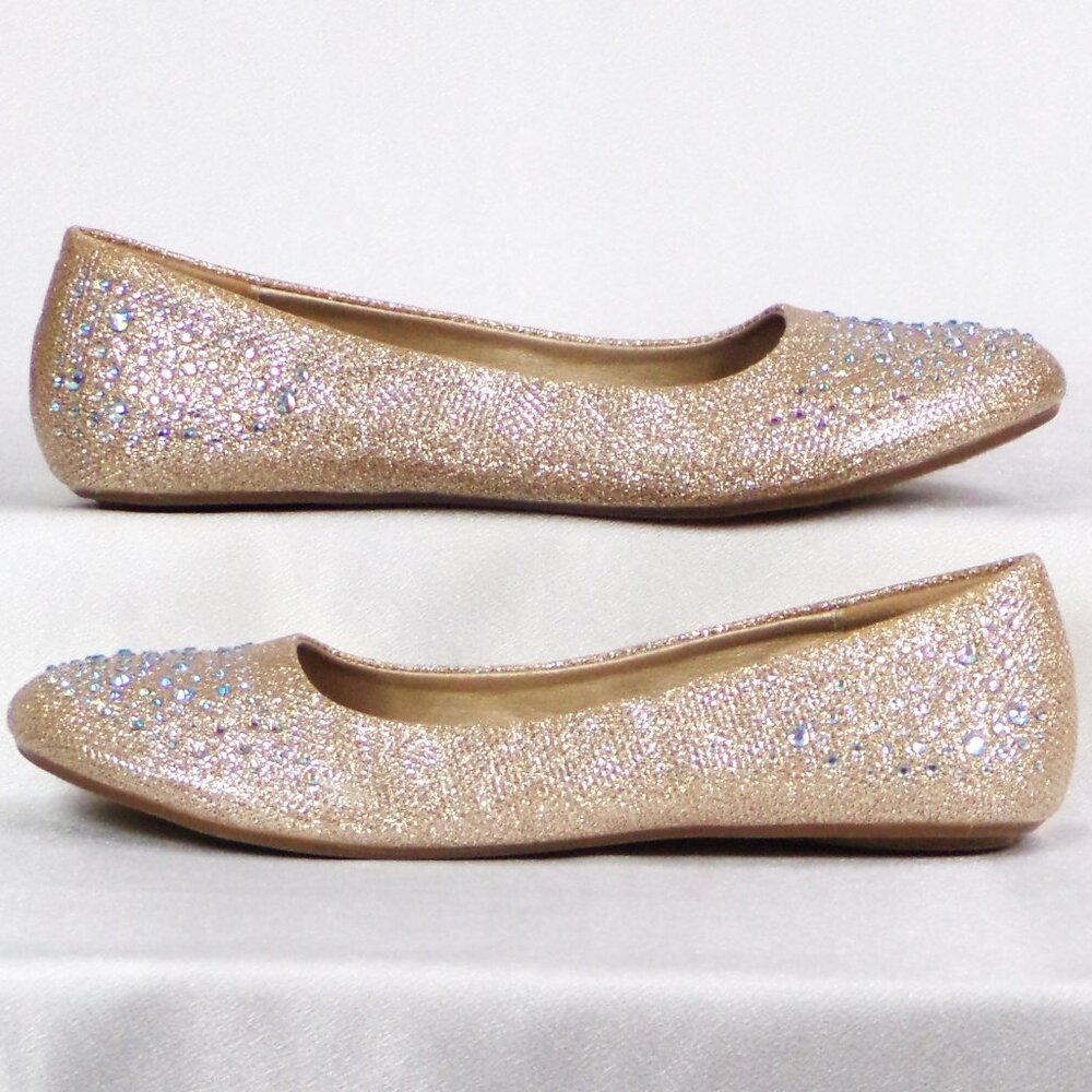 HOTCAKES 6.5M ORLEANS glittery gold ballet flats simulated gemstones all synth.